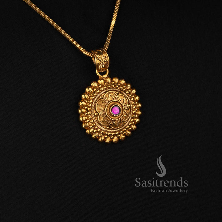Sasitrends traditional antique gold necklace set featuring layered circular flower motif pendant with detailed ornamental border 