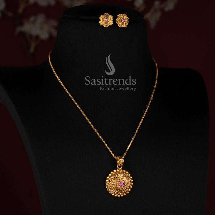 Sasitrends antique gold plated traditional floral medallion pendant necklace set with fine textured chain and floral stud earrings 