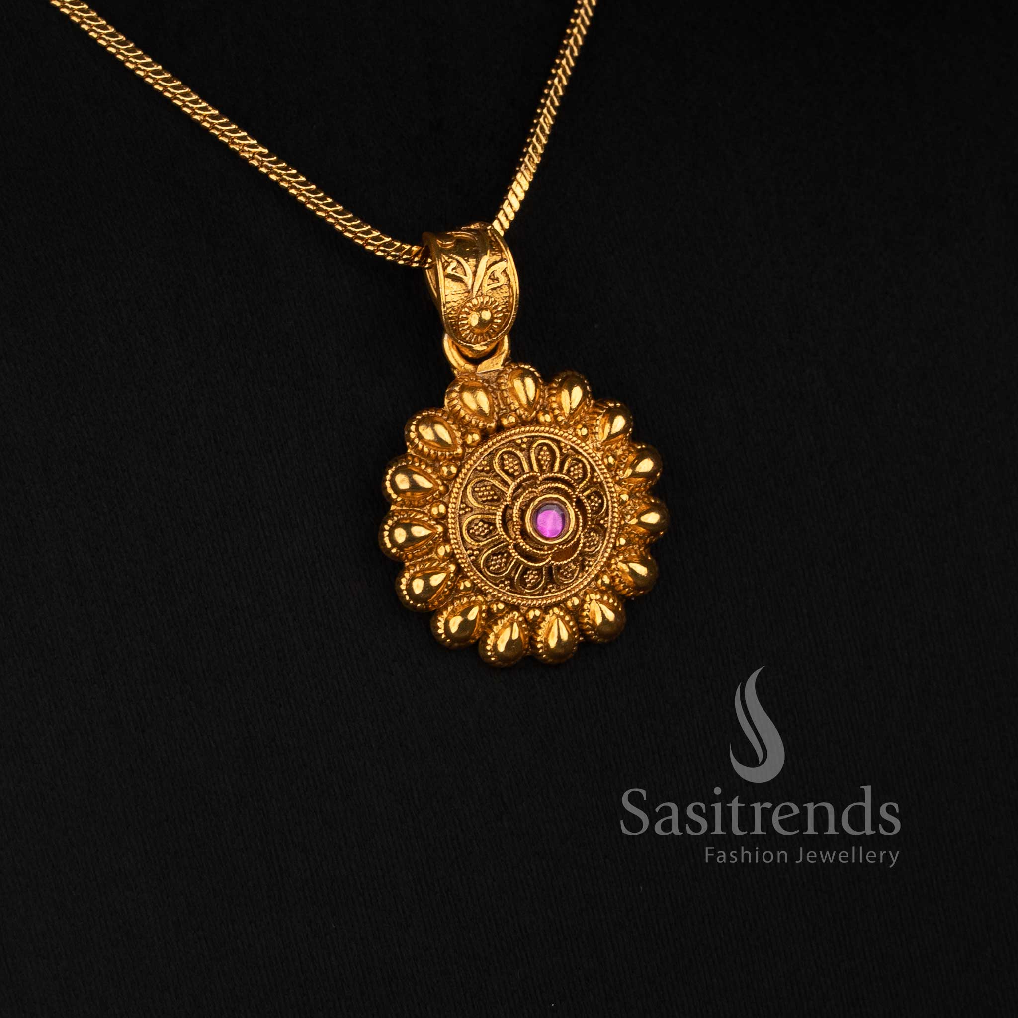 Sasitrends traditional antique gold jewellery set with multi-layer petal pendant, ornamental connector and delicate chain 