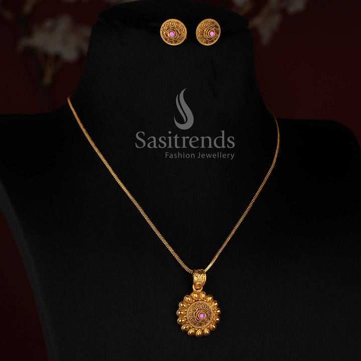 Sasitrends antique gold plated traditional layered flower pendant necklace set with fine textured chain and floral stud earrings 