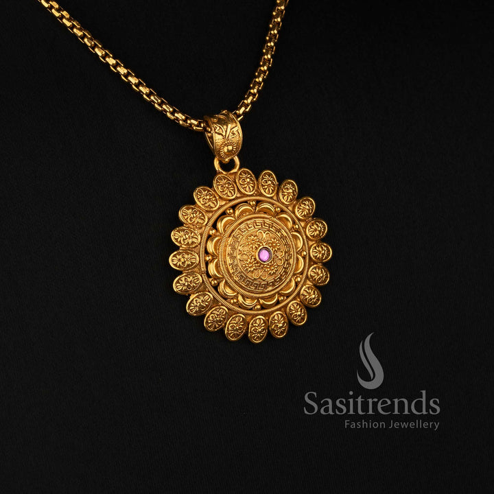 Sasitrends antique gold traditional necklace set featuring concentric ornamental pendant with repeated petal motifs and detailed earrings 