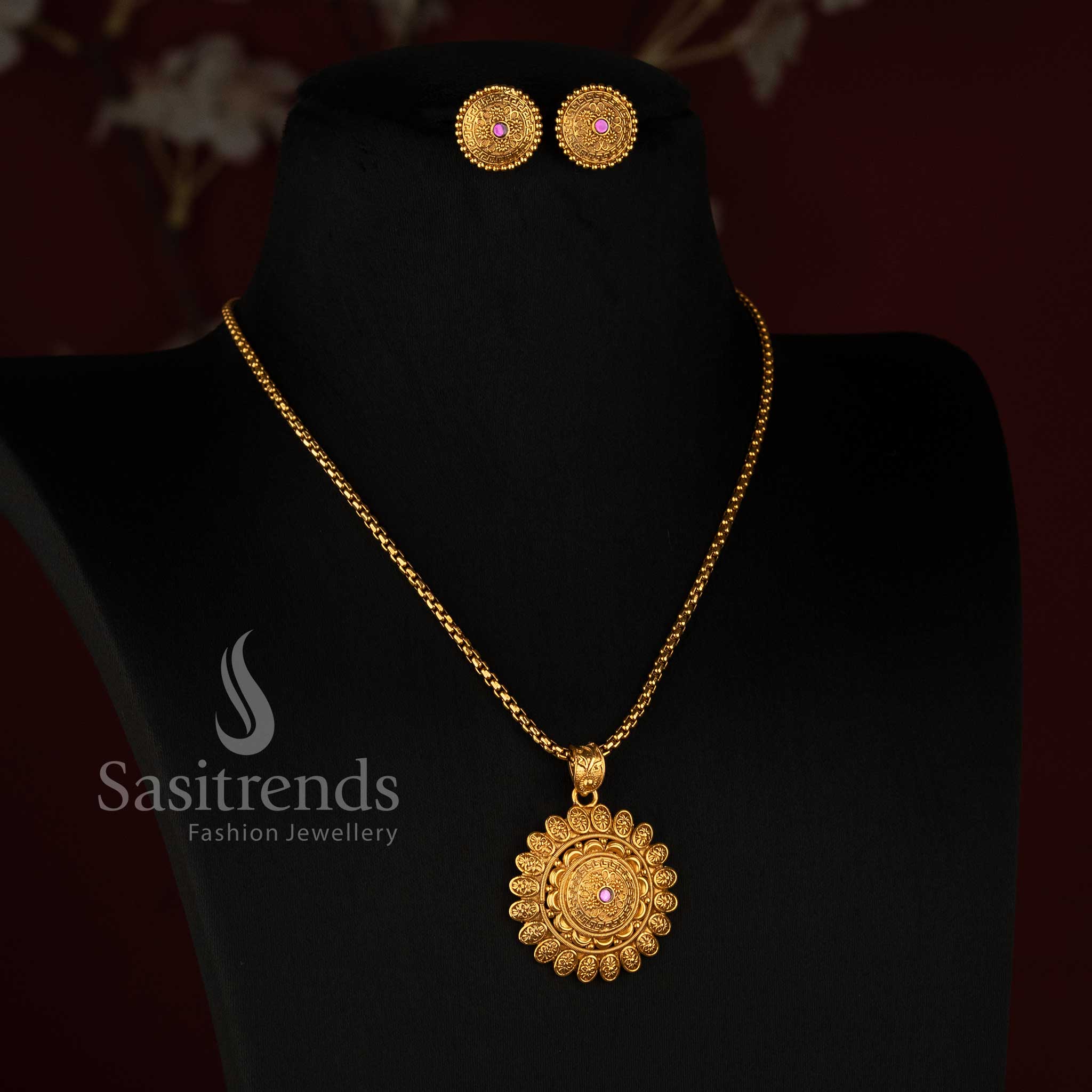 Sasitrends antique gold plated traditional layered floral sunburst pendant necklace set with fine twisted chain and round floral earrings 