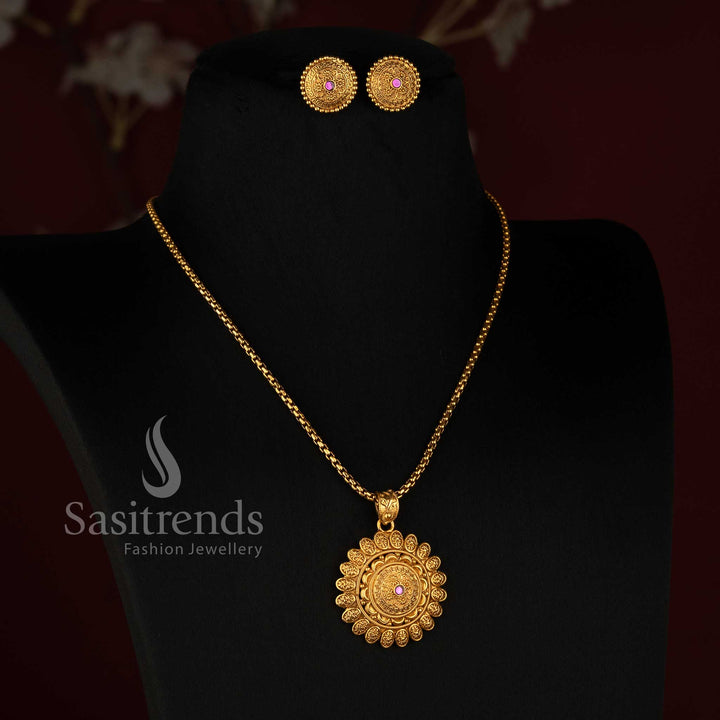Sasitrends antique gold plated traditional layered floral sunburst pendant necklace set with fine twisted chain and round floral earrings 