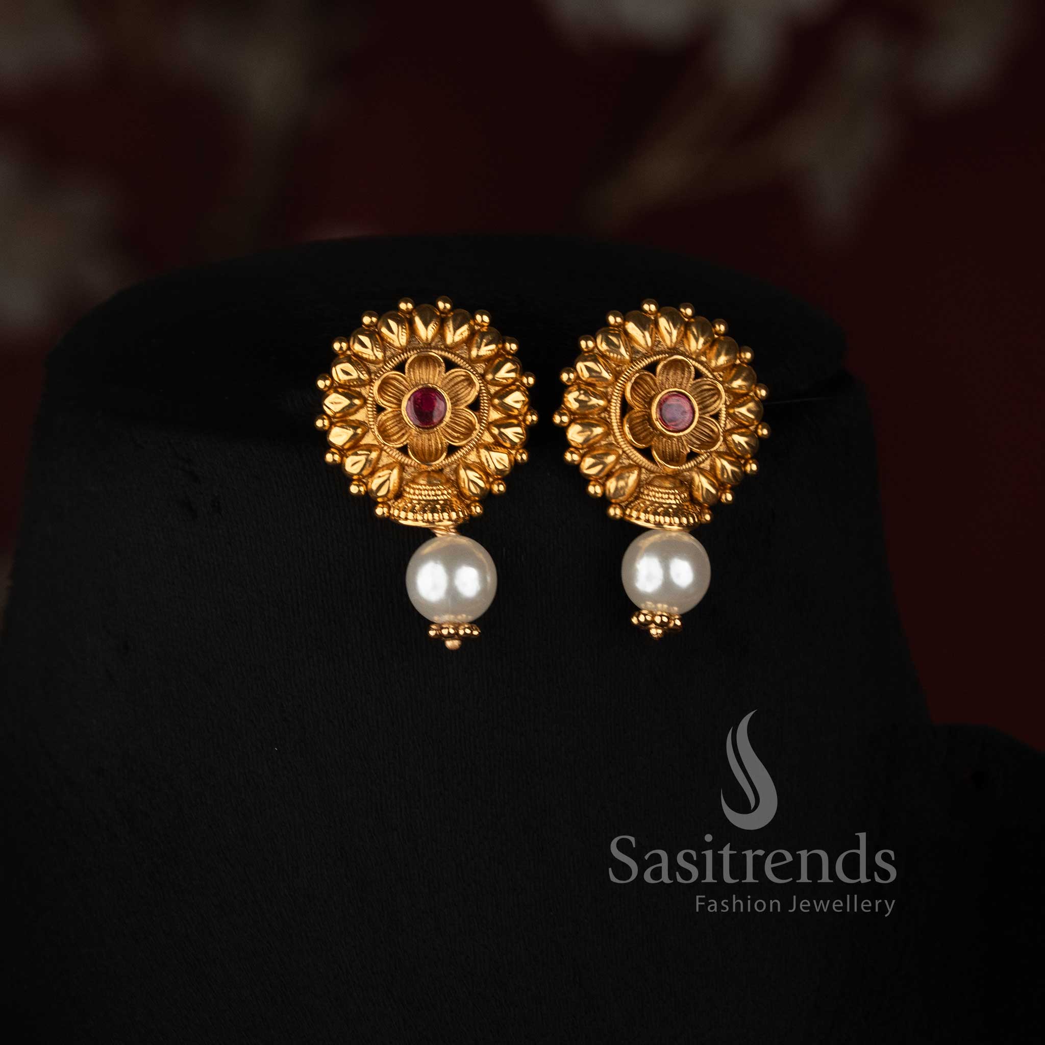 Fabulous Antique Gold Plated Traditional Floral Pearl Beaded Necklace Set with Ornamental Gold Motifs & Pearl Drop Earrings for Festive Wear - Sasitrends 