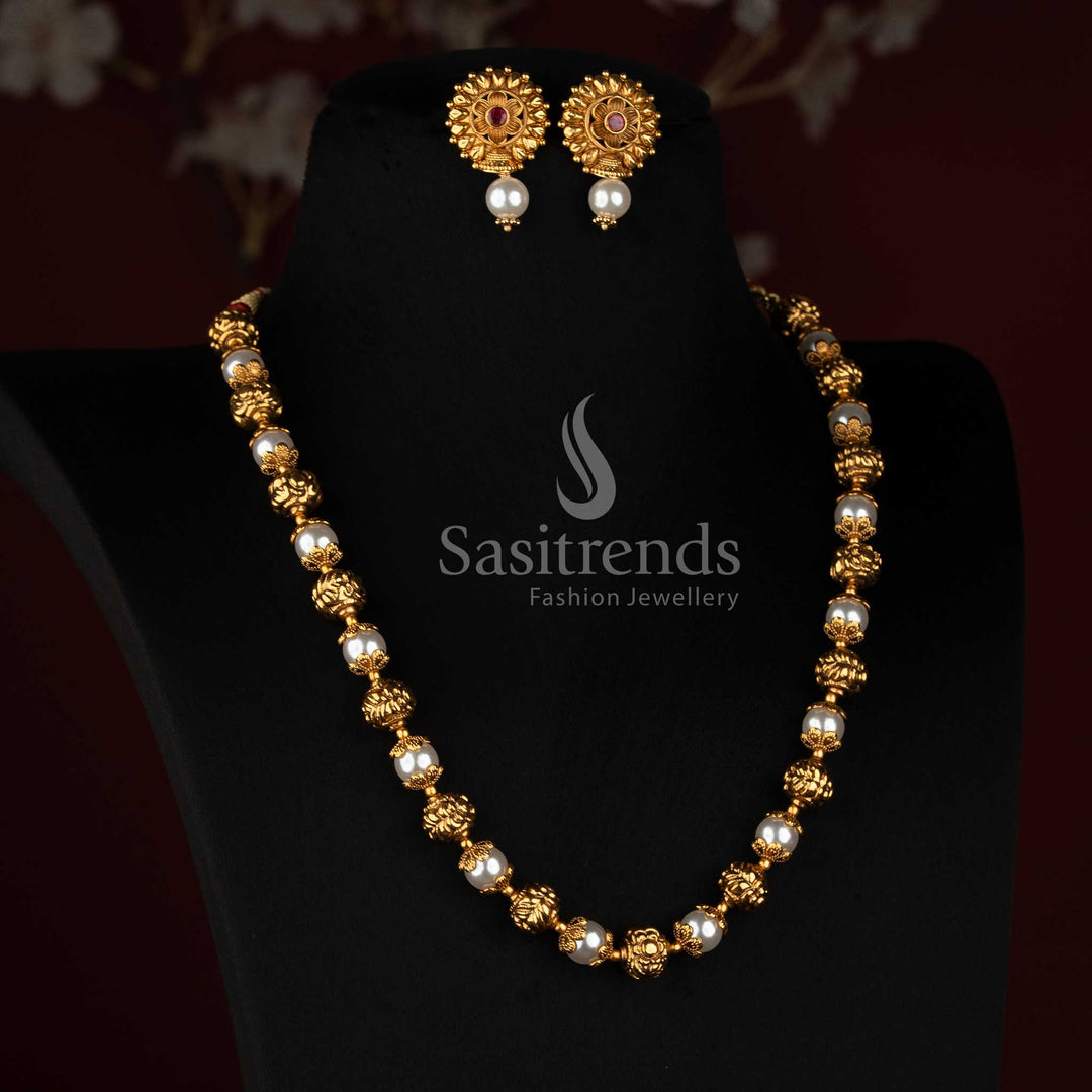 Sasitrends antique gold plated traditional floral pearl beaded necklace set with ornate gold motifs and pearl drop earrings 