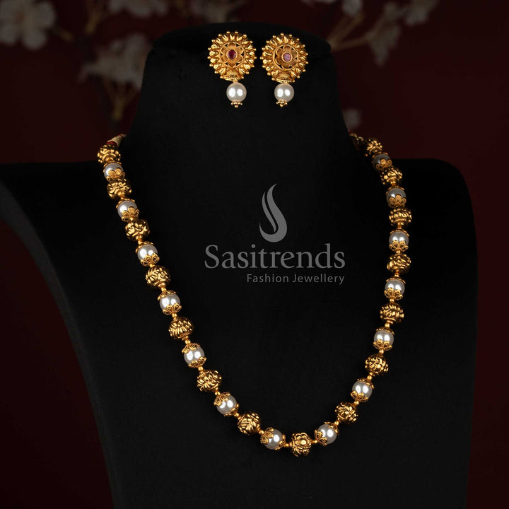 Sasitrends antique gold plated traditional floral pearl beaded necklace set with ornate gold motifs and pearl drop earrings 