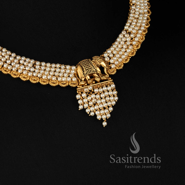 Sasitrends antique gold pearl jewellery set featuring layered rows of pearls, ornamental elephant centrepiece and cascading pearl details 