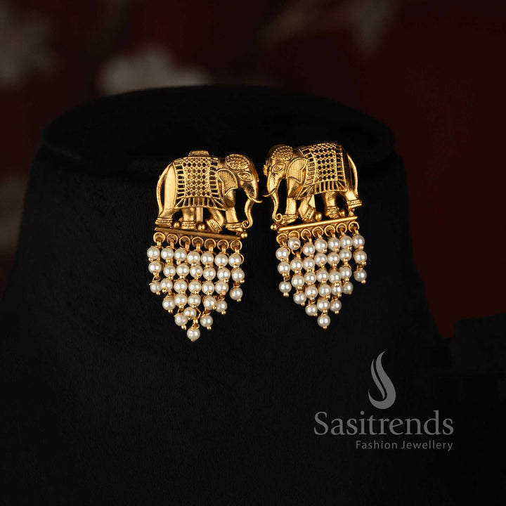 Premium Antique Gold Plated Traditional Elephant Motif Multi-Strand Pearl Necklace Set for Festive, Temple & Wedding Wear - Sasitrends 
