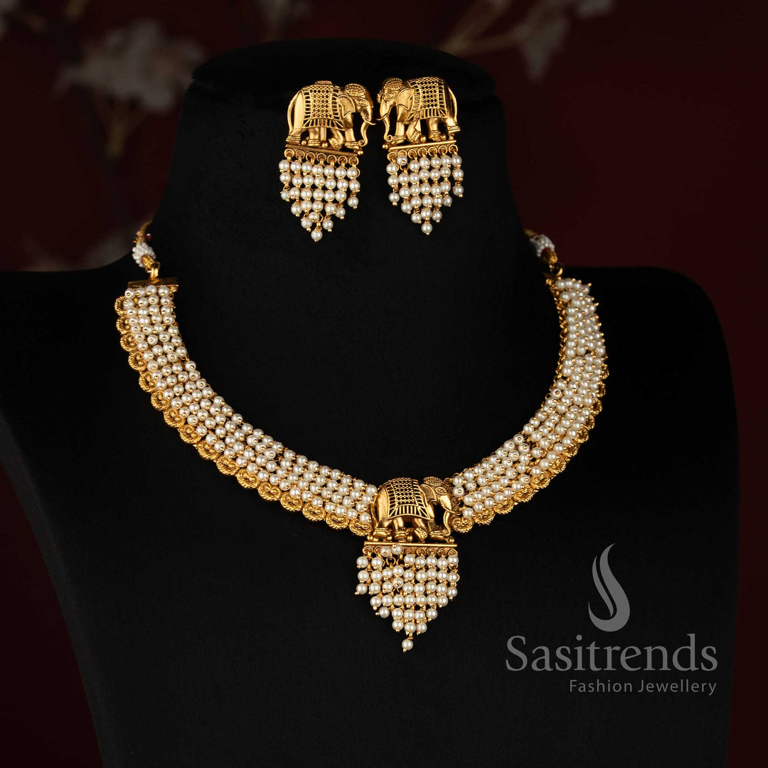 Sasitrends antique gold plated traditional elephant motif multi-strand pearl necklace set with detailed elephant pendant and pearl drop earrings 