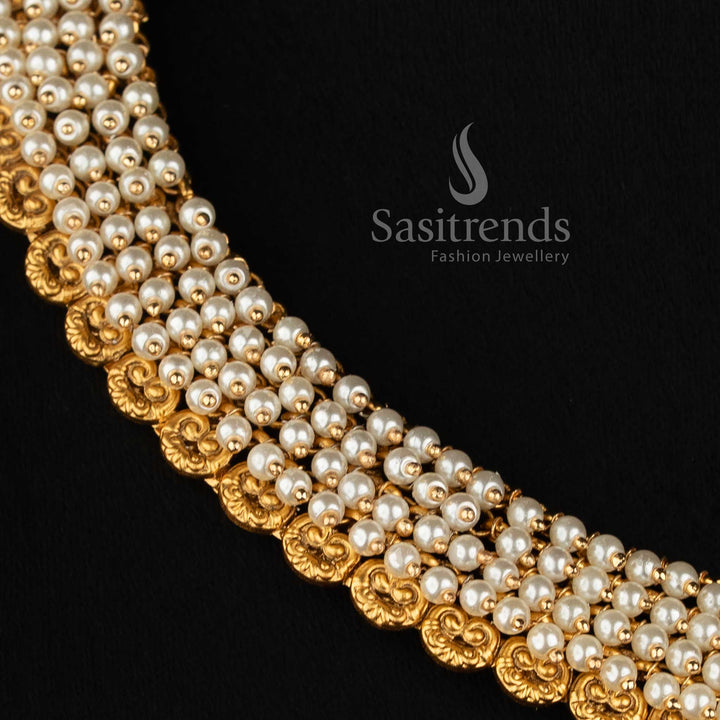 Sasitrends traditional elephant necklace set with broad multi-row pearl design, detailed elephant motifs and graduated pearl hanging earrings 
