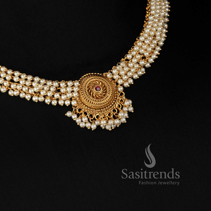Sasitrends broad layered pearl necklace featuring concentric spiral pendant detailing, hanging pearl accents and matching earrings 