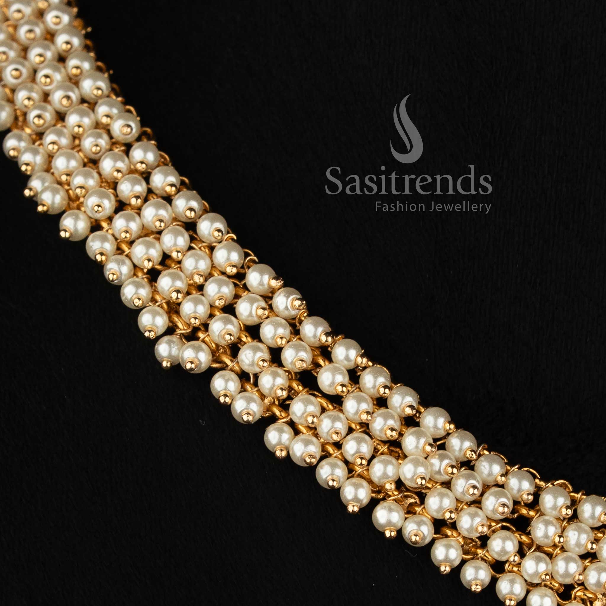 Traditional Antique Gold Plated Spiral Disc Multi-Row Pearl Necklace Set with Ornamental Pendant for Temple & Bridal Wear - Sasitrends 
