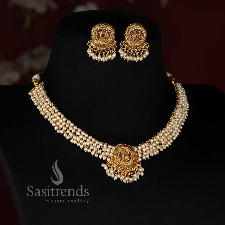 Sasitrends antique gold plated traditional spiral disc multi-row pearl necklace set with circular ornamental centre and pearl drops 