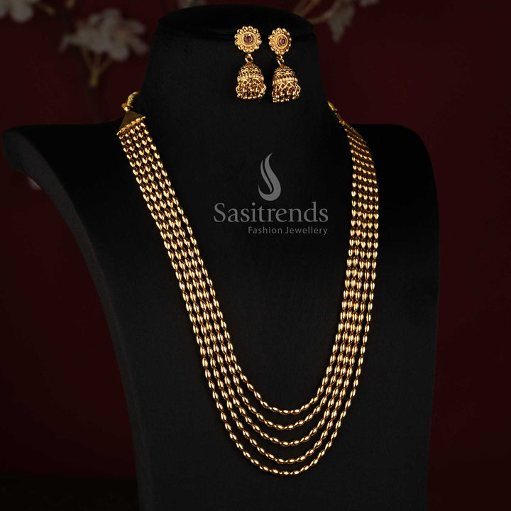 Sasitrends antique gold plated five layer long beaded necklace set with cascading linked bead rows and intricate dome jhumka earrings 