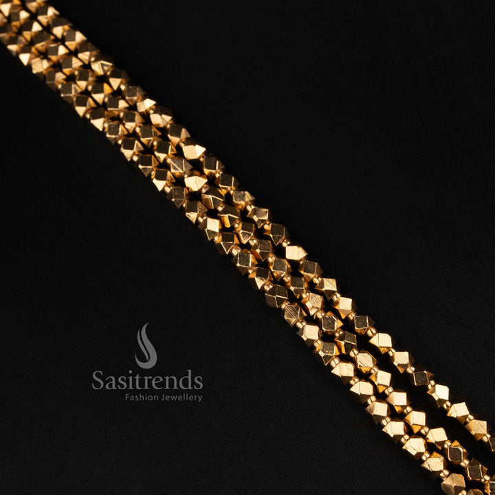 Traditional Antique Gold Plated Three Layer Faceted Bead Long Necklace Set with Ornamental Round Earrings for Temple & Wedding Wear - Sasitrends 