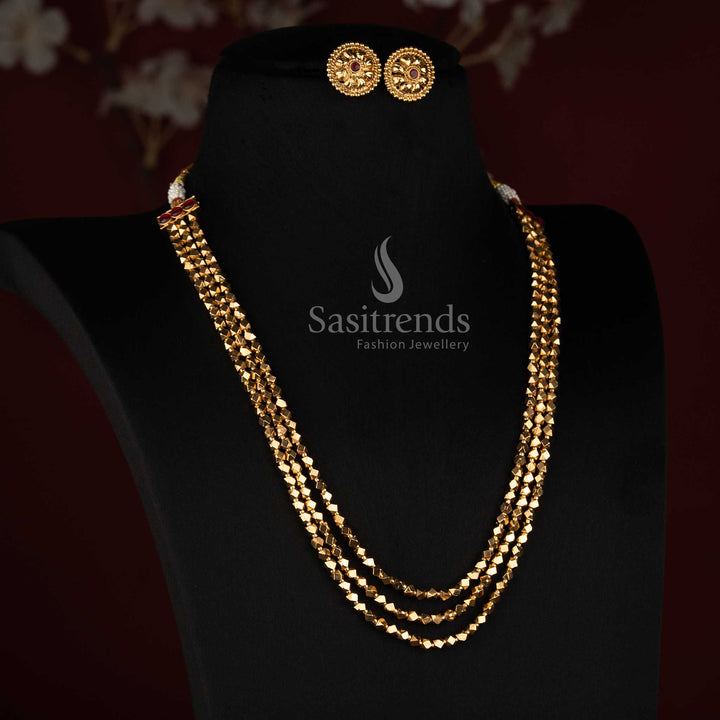 Sasitrends antique gold plated three layer faceted bead long necklace set with geometric bead strands and round ornamental earrings 