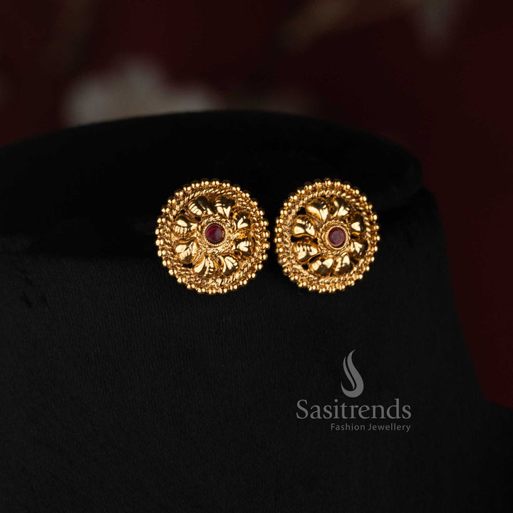 Sasitrends antique gold plated layered bead jewellery set with three flowing faceted bead strands and concentric ornamental round earrings 