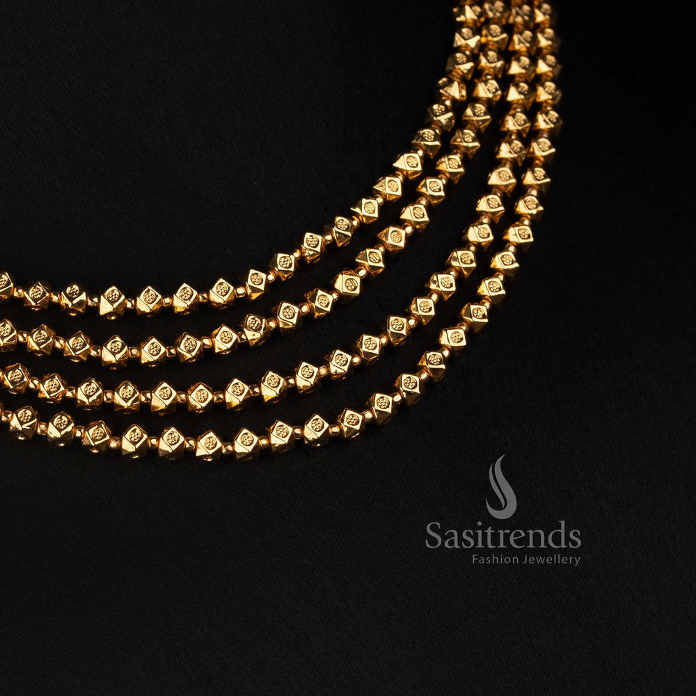 Sasitrends traditional antique gold necklace featuring four graduated rows of closely arranged faceted beads with detailed circular floral earrings 