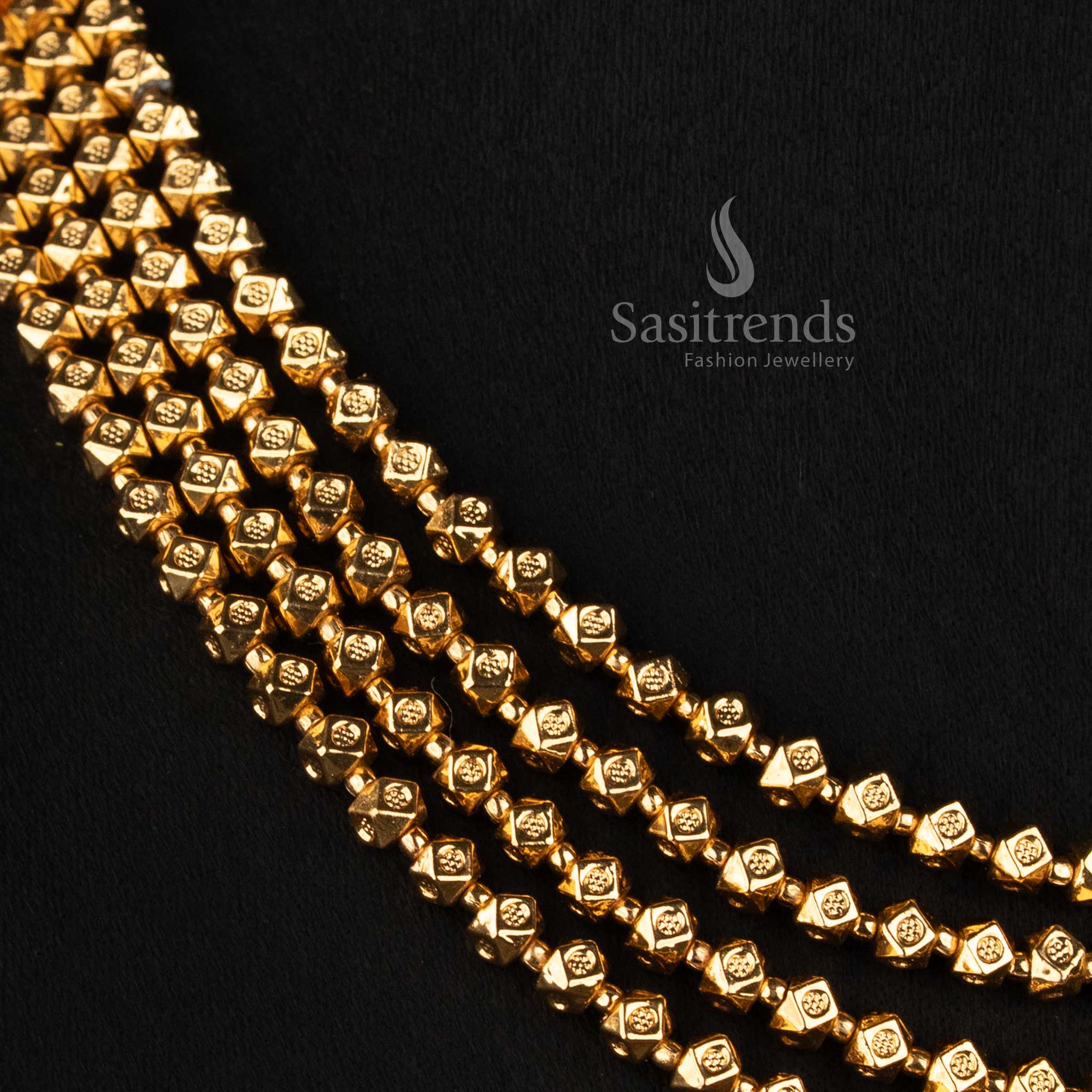 Traditional Antique Gold Plated Four Layer Faceted Bead Necklace Set with Intricate Floral Round Earrings for Wedding Wear - Sasitrends 