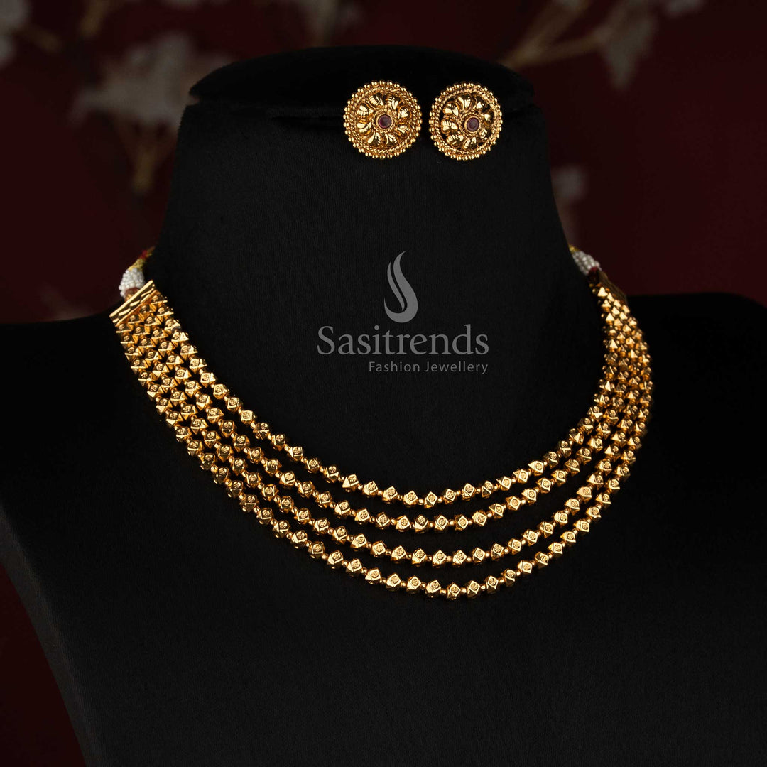Sasitrends antique gold plated four layer faceted bead necklace set with cascading geometric bead strands and intricate floral round earrings 