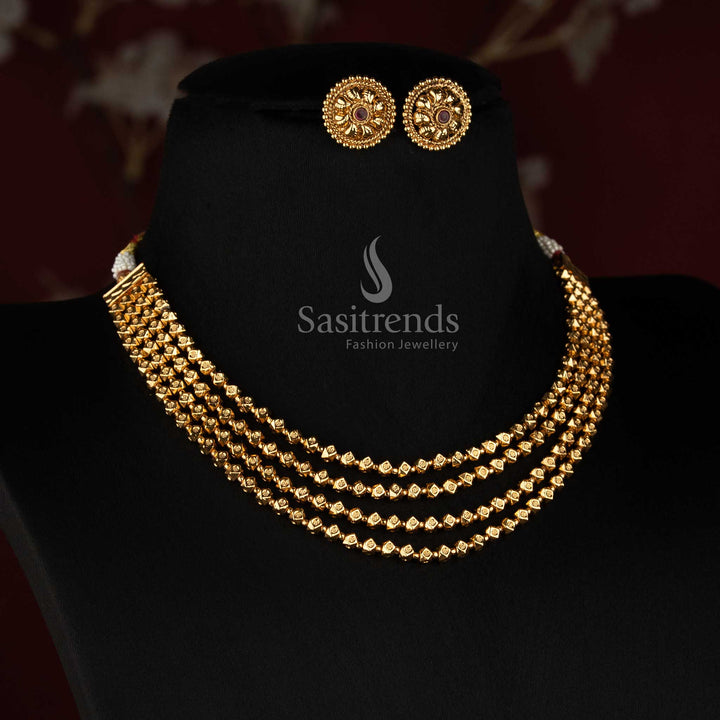 Sasitrends antique gold plated four layer faceted bead necklace set with cascading geometric bead strands and intricate floral round earrings 