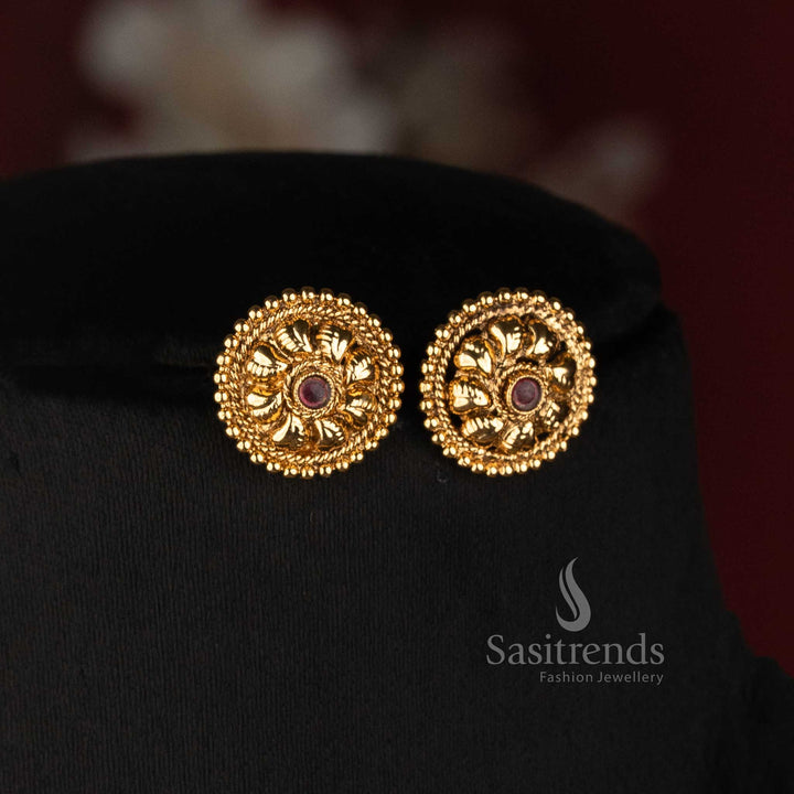 Sasitrends layered antique gold jewellery set with four flowing faceted bead rows and concentric floral-inspired ornamental round earrings 