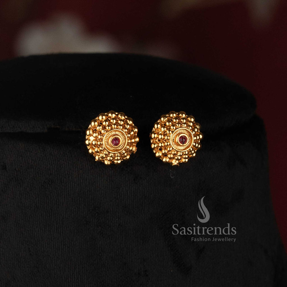 Sasitrends traditional antique gold plated stud earrings with richly textured outer bead arrangement, concentric ornamental centre and stone detailing 