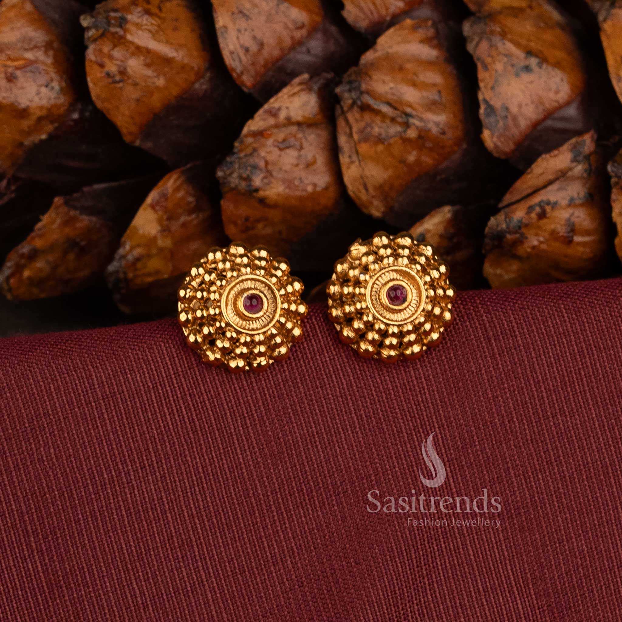 Sasitrends antique gold plated traditional floral beaded stud earrings with concentric centre motif, central stone and detailed rounded bead border 