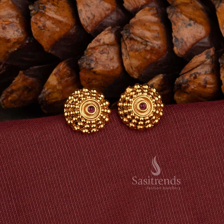 Sasitrends antique gold plated traditional floral beaded stud earrings with concentric centre motif, central stone and detailed rounded bead border 