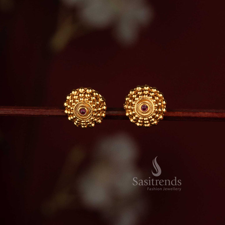 Sasitrends traditional antique gold plated stud earrings with richly textured outer bead arrangement, concentric ornamental centre and stone detailing 