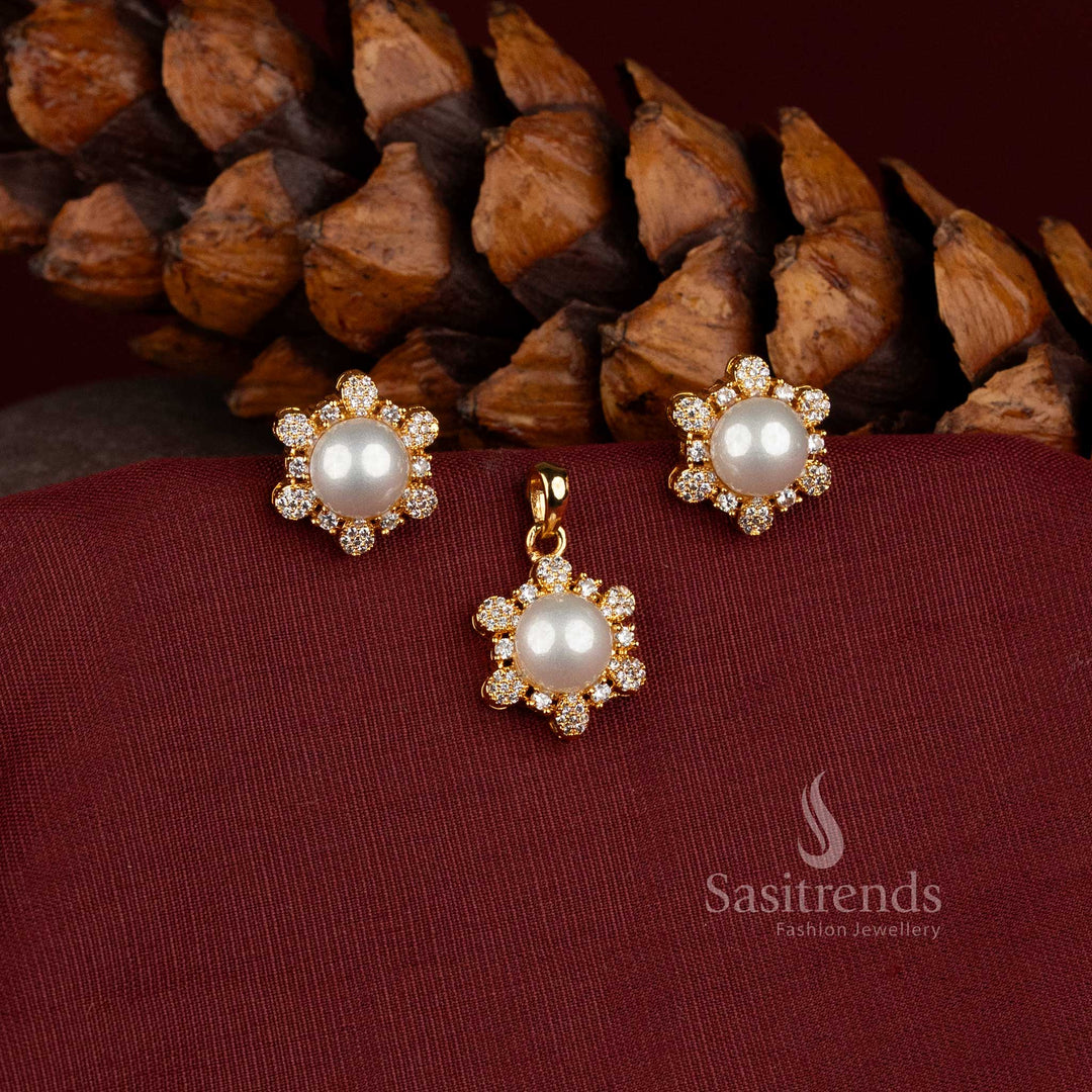 Sasitrends American diamond pearl floral jewellery pendant with warm 24K micro gold plated finish, rounded pearl centre and multiple sparkling petal elements designed for saree and wedding occasion styling