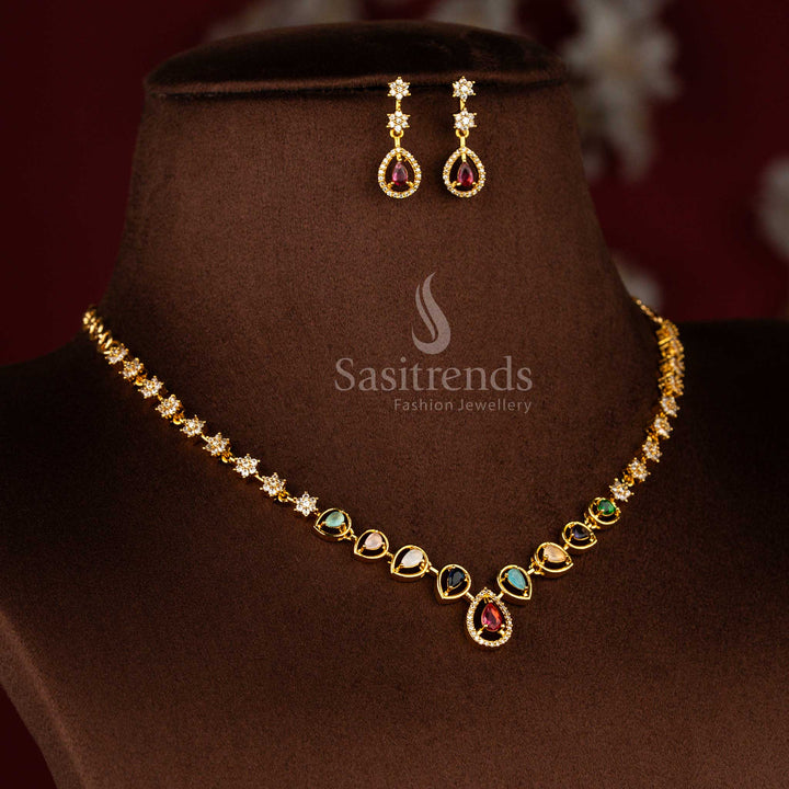 Charming American Diamond Matte Gold Plated Floral & Teardrop Motif Necklace Jewellery Set | Party & Wedding Wear