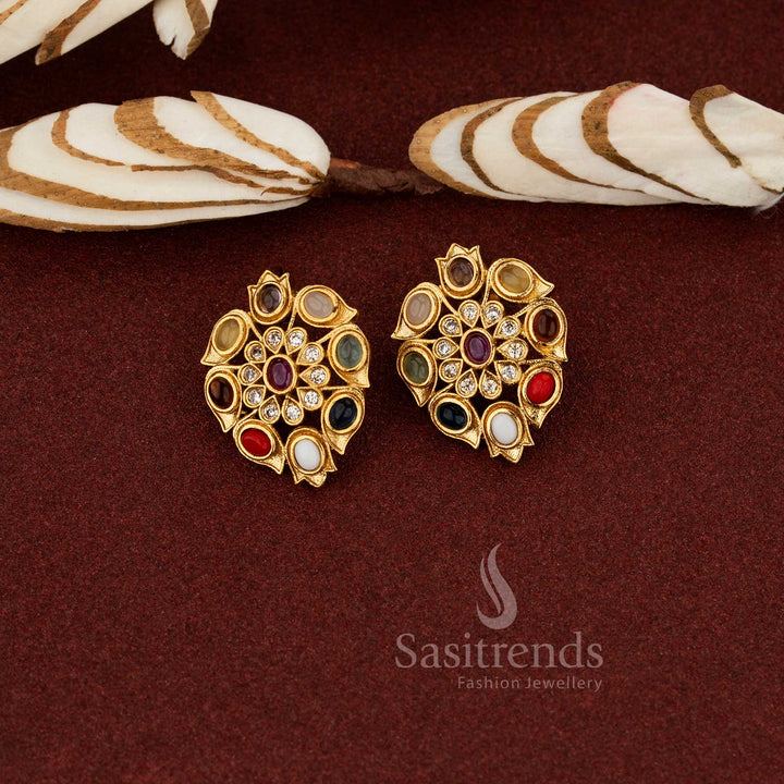 Amazing Temple Matte Gold Plated Navarathna Mandala Floral Stud Earrings for Ethnic, Office & Casual Traditional Wear