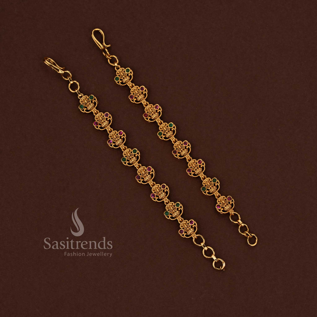 Ruby-green temple premium matte gold plated filigree goddess Lakshmi motif matil ear chain crafted for saree wear, temple visits and cultural functions - Sasitrends