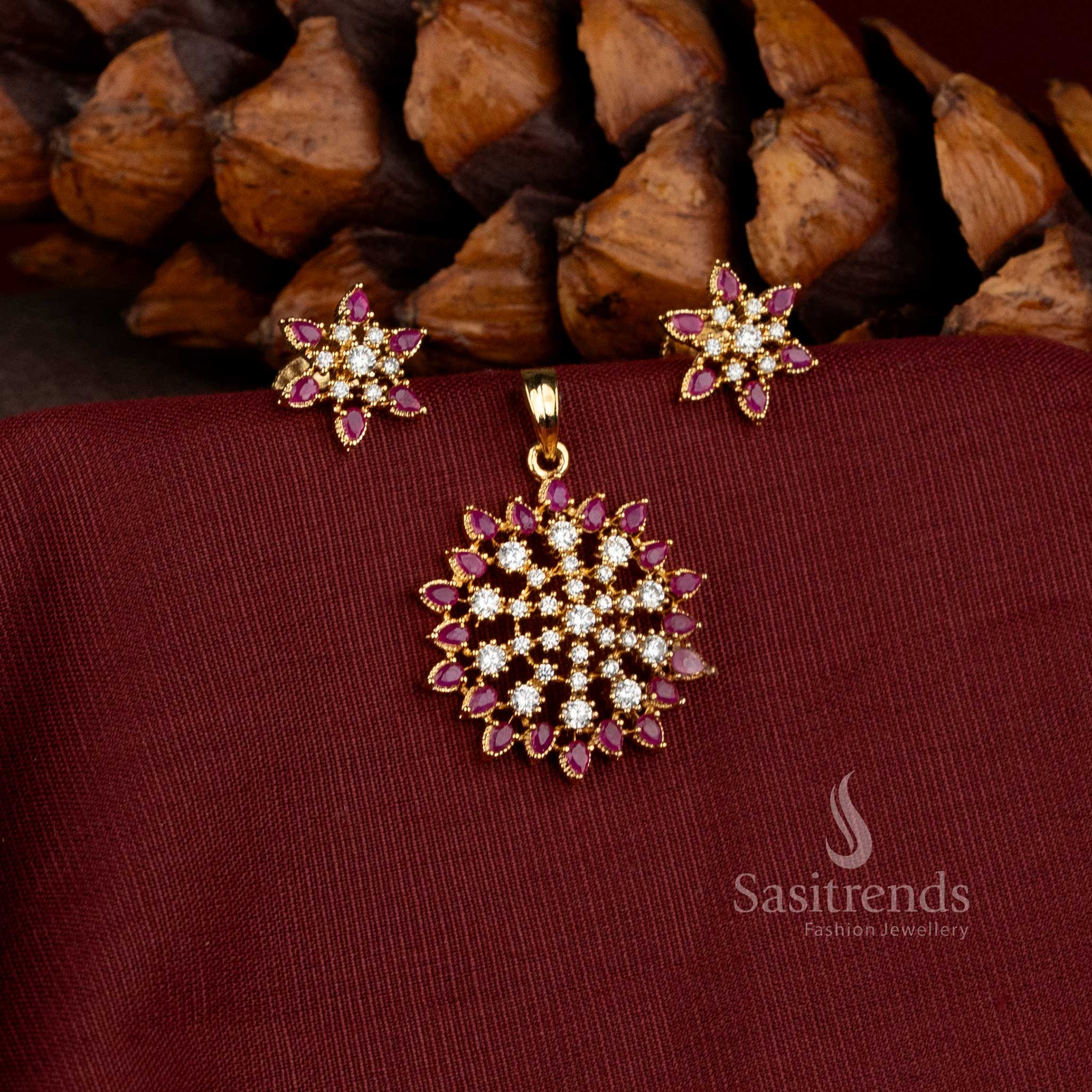 Sasitrends AD Stone floral pendant jewellery set featuring symmetrical petal motifs and matching floral earrings 