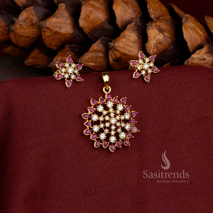 Sasitrends AD Stone floral pendant jewellery set featuring symmetrical petal motifs and matching floral earrings 