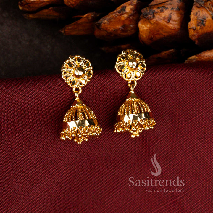 Sasitrends micro gold plated guaranteed temple floral Adai Poo jhumka earrings with radiant 24K gold tone finish crafted for bridal and festive occasions