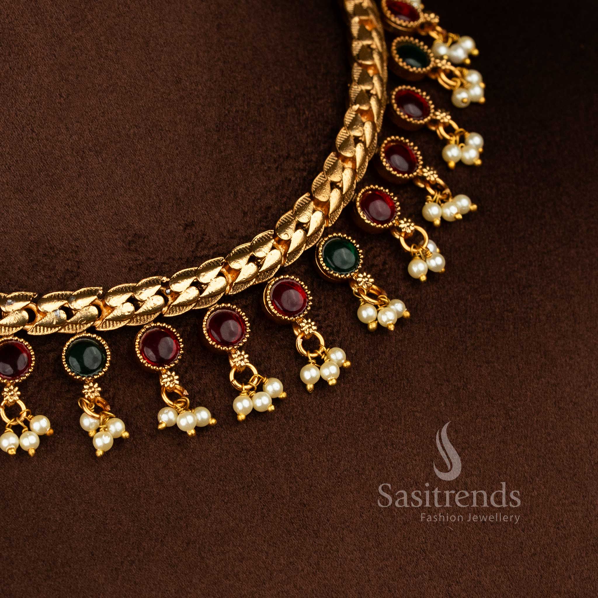  Classic Matte Gold Plated Flexible Chain Round ruby green Stone Pendant Pearl Drop Traditional Temple Necklace Jewellery Set | Pocket friendly Jewellery - Sasitrends