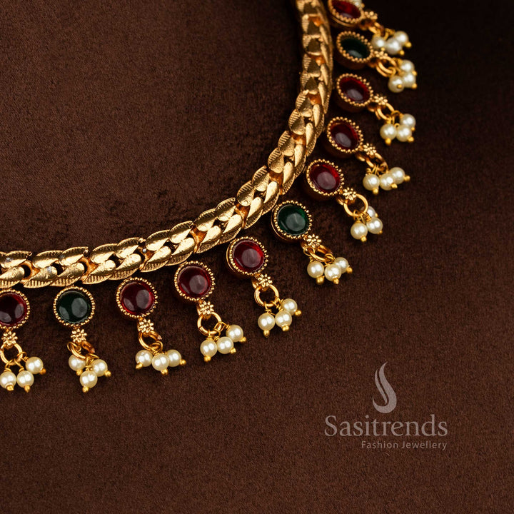  Classic Matte Gold Plated Flexible Chain Round ruby green Stone Pendant Pearl Drop Traditional Temple Necklace Jewellery Set | Pocket friendly Jewellery - Sasitrends