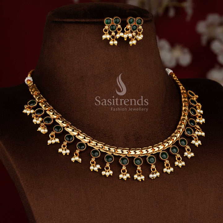 Sasitrends affordable matte gold flexible chain green round stone pendant pearl drop traditional temple necklace jewellery set
