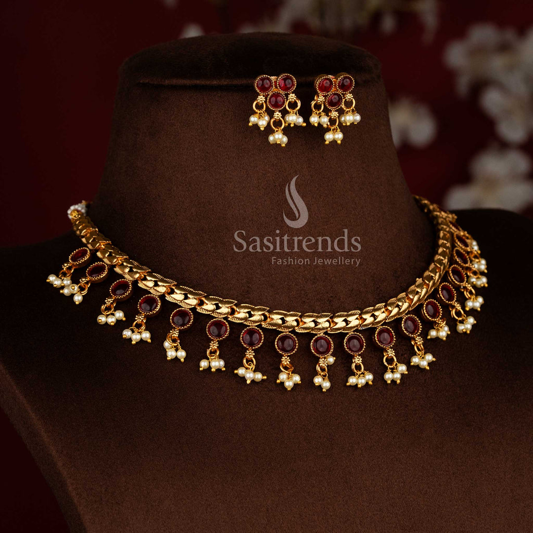 Sasitrends traditional temple style matte gold flexible chain ruby round stone pendant necklace jewellery set, Budget friendly