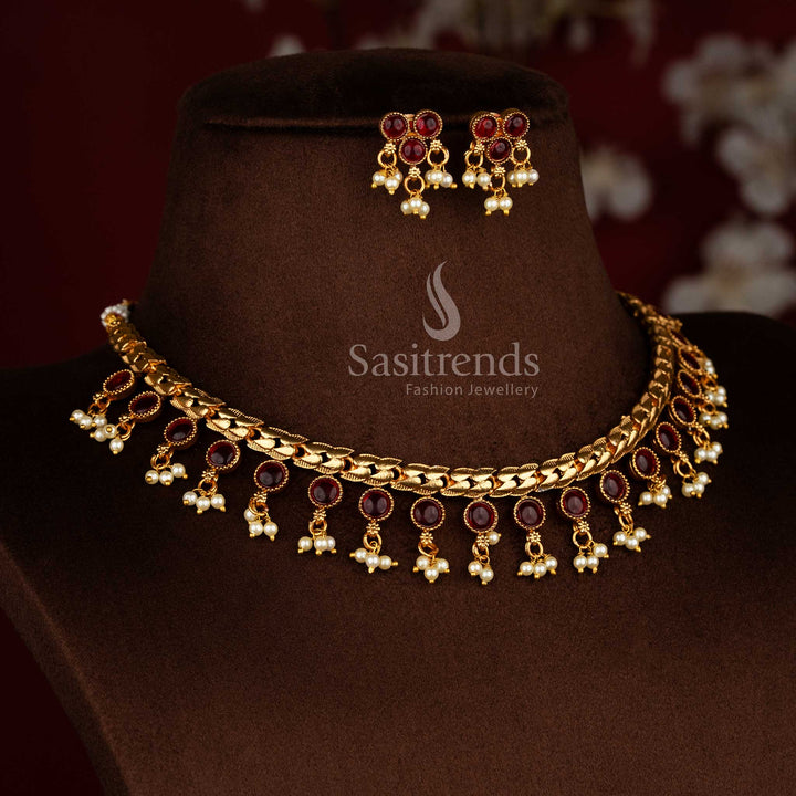 Classic Matte Gold Plated Flexible Chain Round Stone Pendant Pearl Drop Traditional Temple Necklace Jewellery Set | Pocket friendly Jewellery