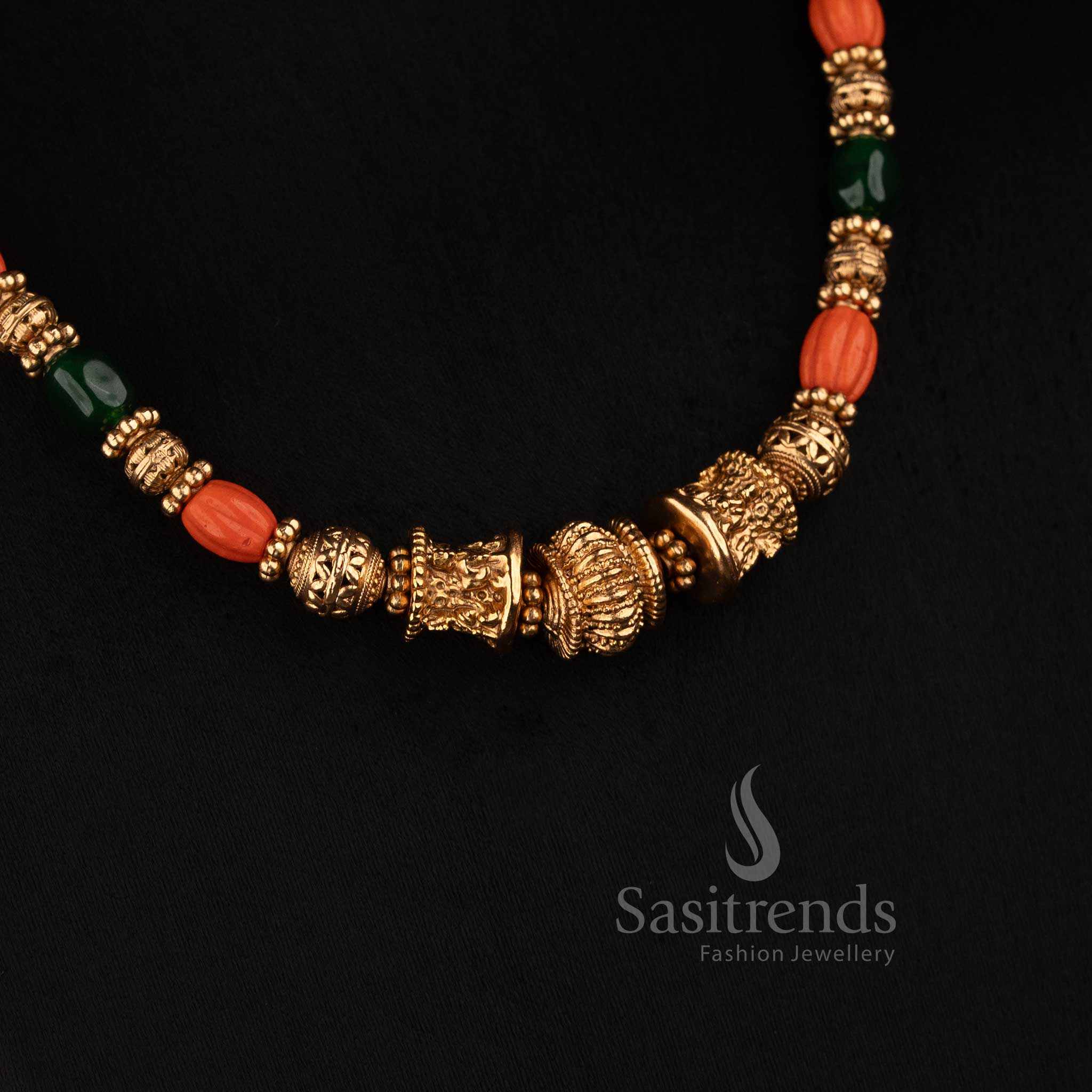 Sasitrends antique coral and green bead gold strand mala necklace set with Lakshmi stud