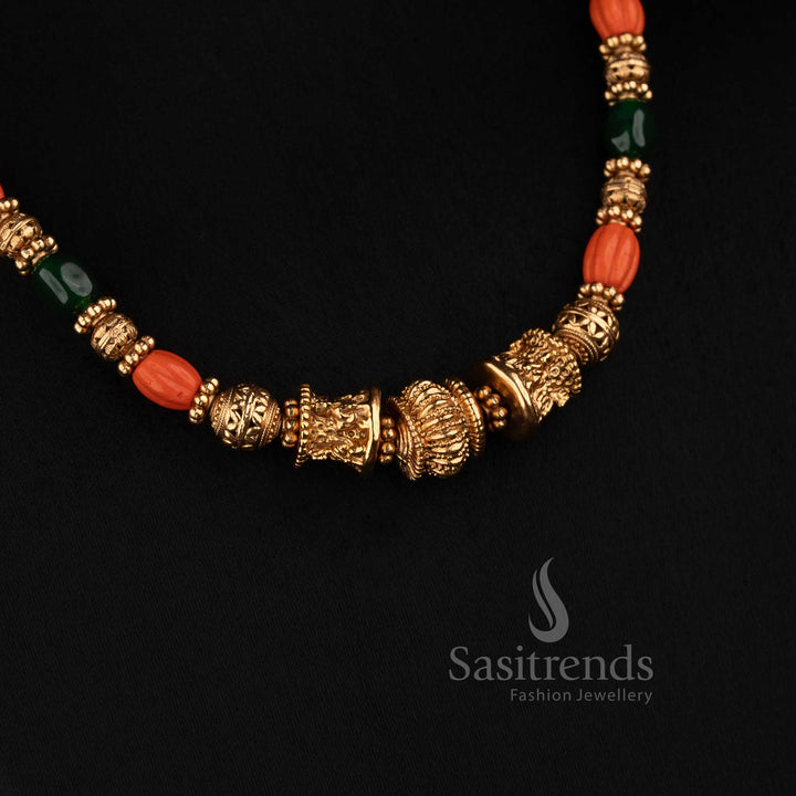 Sasitrends antique coral and green bead gold strand mala necklace set with Lakshmi stud