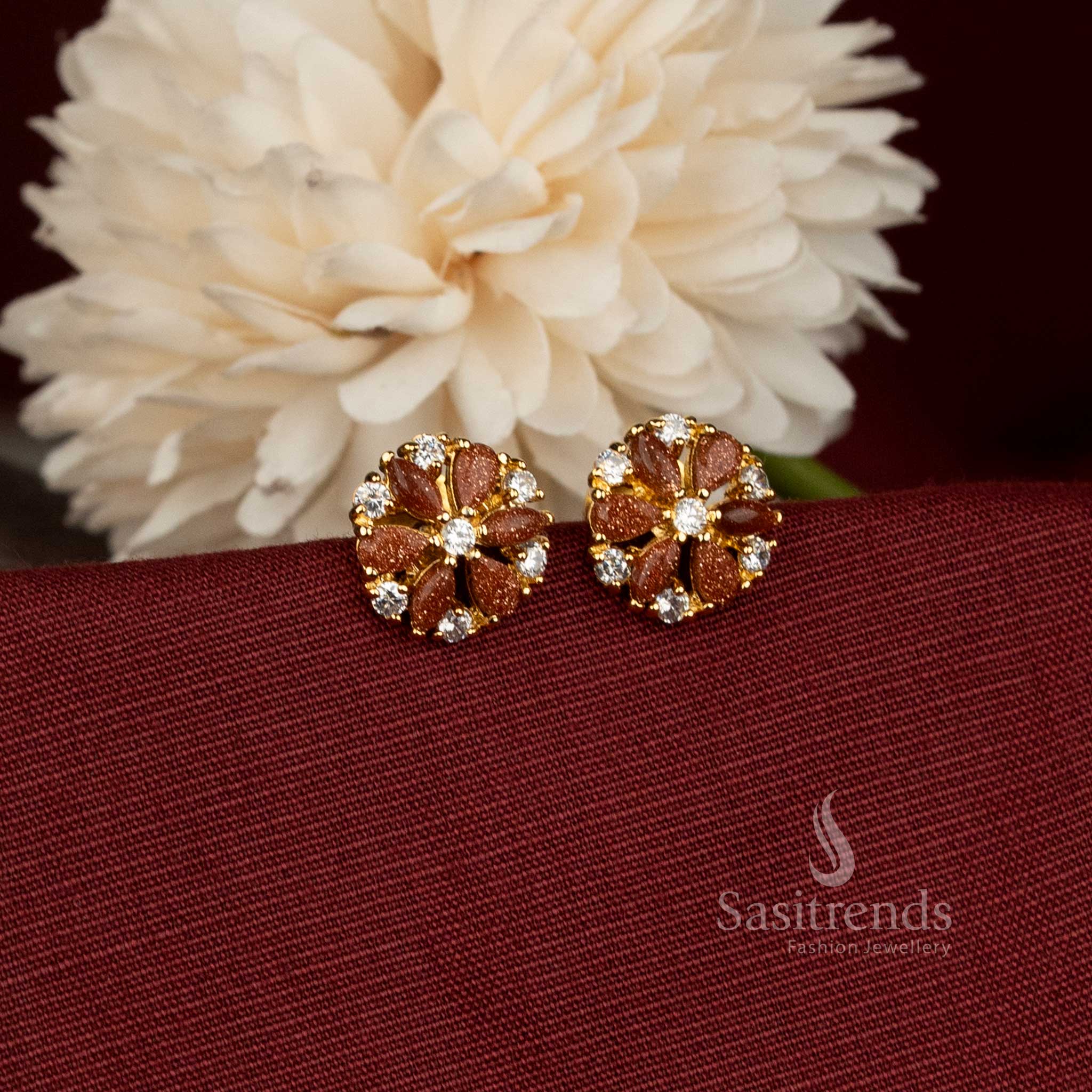 Sasitrends Micro Gold Plated Round Floral Cluster AD Stone Stud Earrings