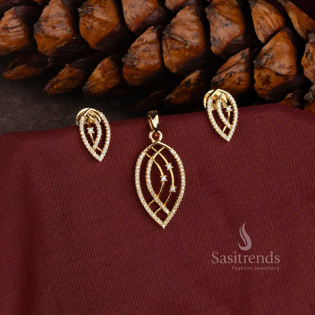 Sasitrends American Diamond leaf-shaped openwork pendant set with matching structured earrings for festive and special occasion jewellery 