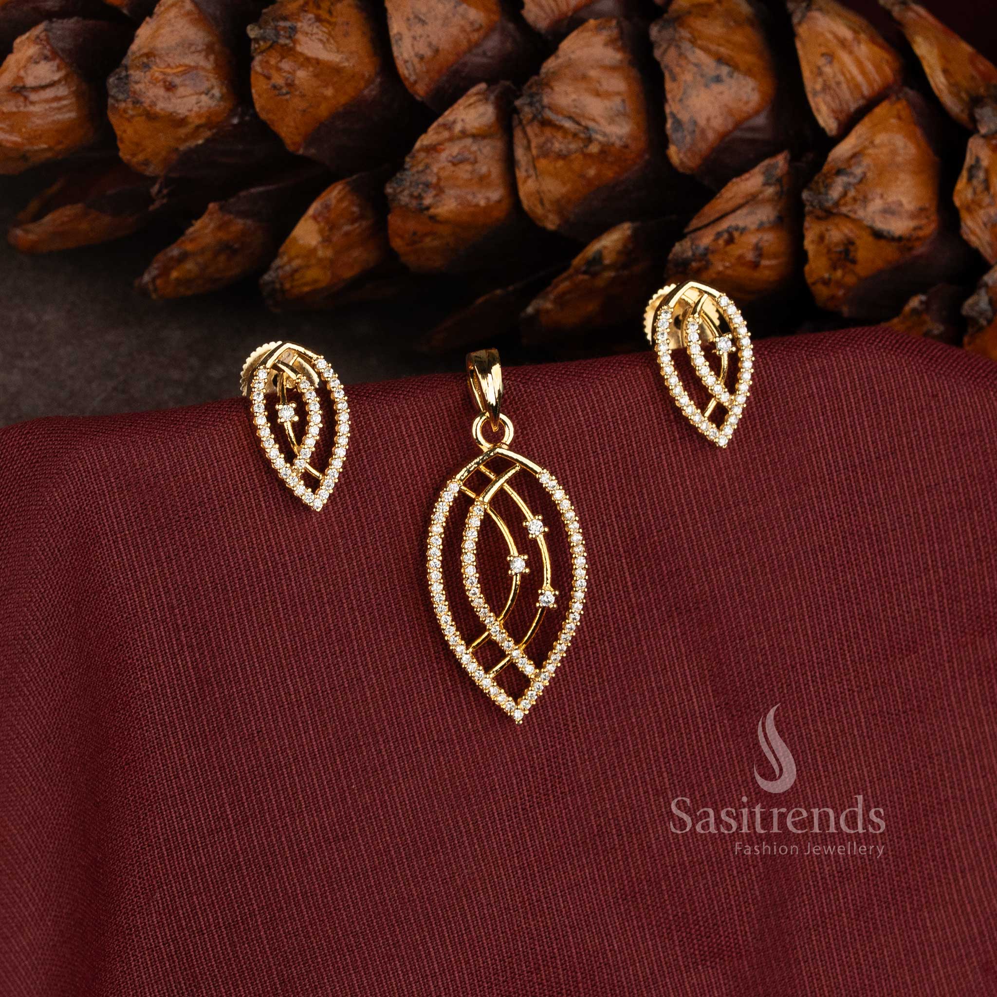 Sasitrends American Diamond leaf-shaped openwork pendant set with matching structured earrings for festive and special occasion jewellery 