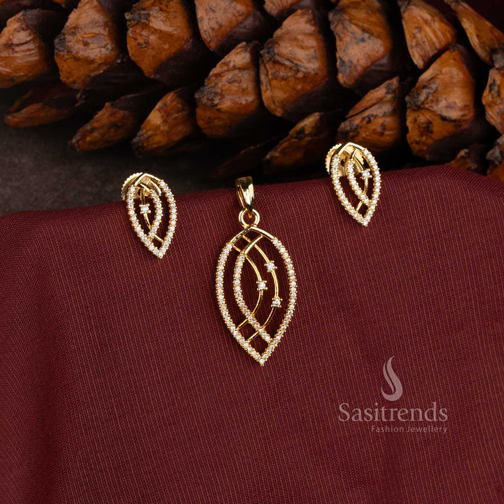 Elegant American Diamond Micro Gold Plated Leaf-Shaped Openwork Pendant Set | Party & Festive Wear