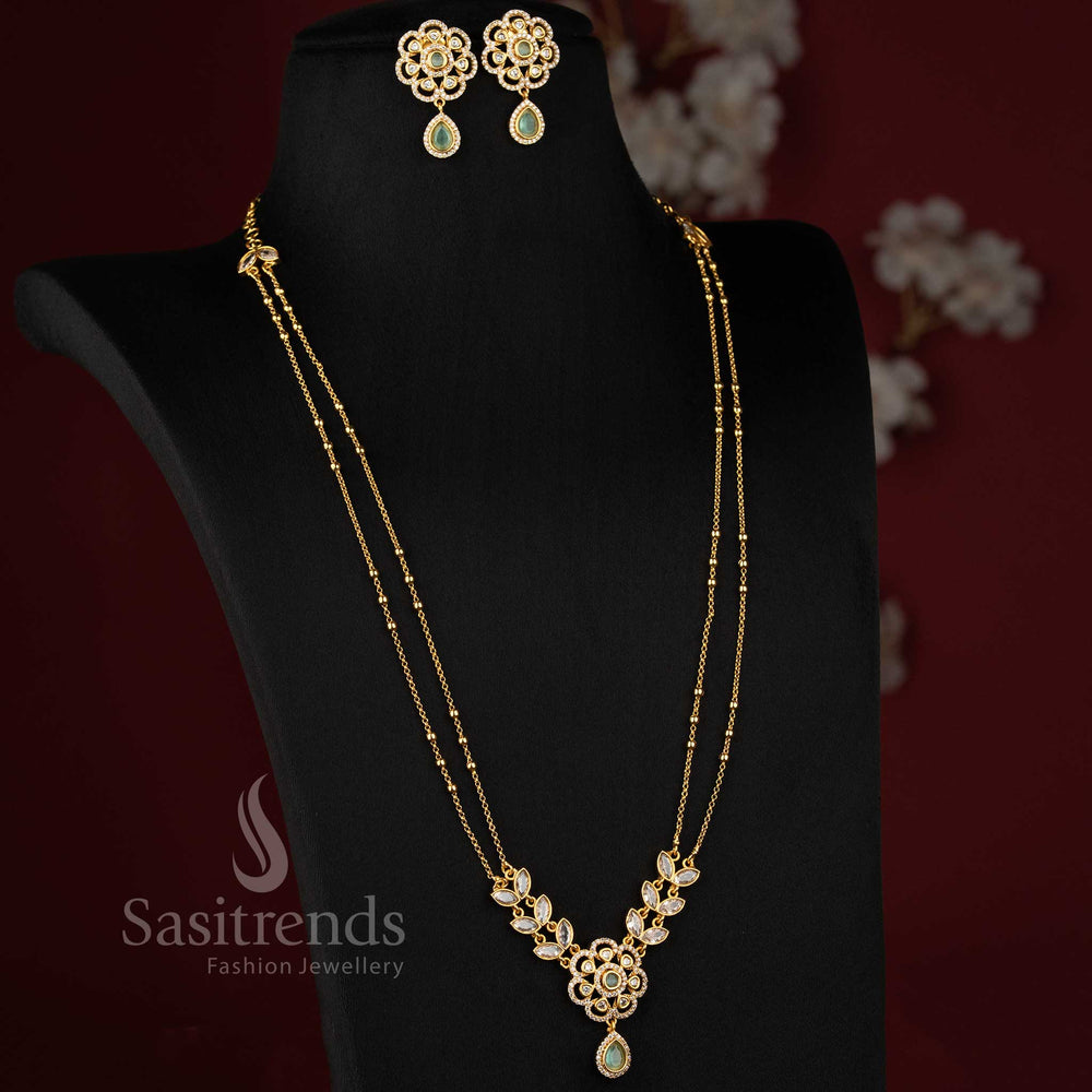 Elegant American diamond matte gold dual layer two line floral necklace set in mint for women, ideal for ethnic and cultural occasions – Sasitrends