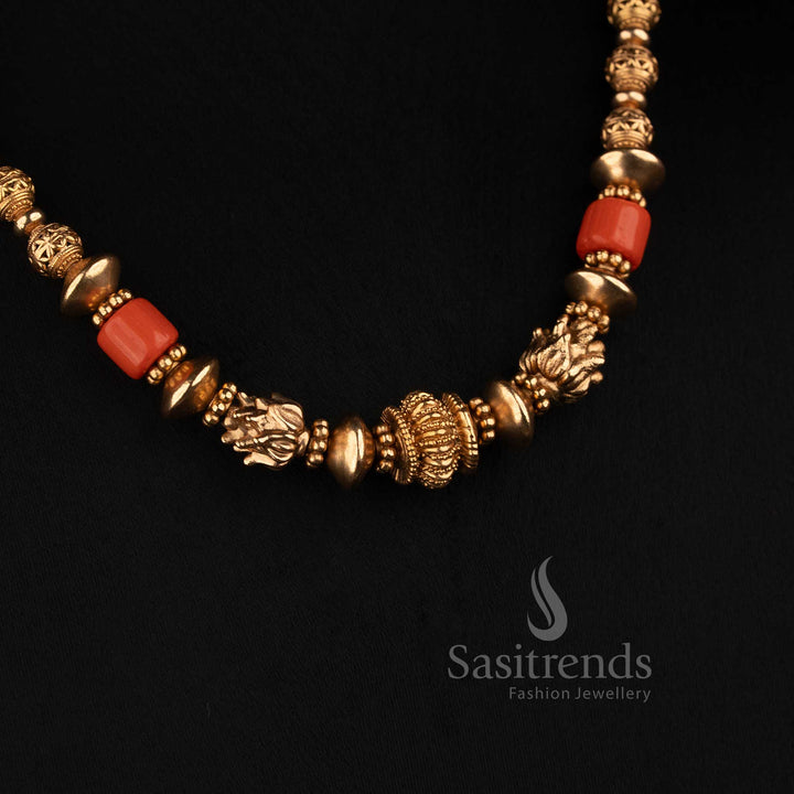 Sasitrends antique coral accent golden bead strand mala necklace set with half-sunburst stud earrings